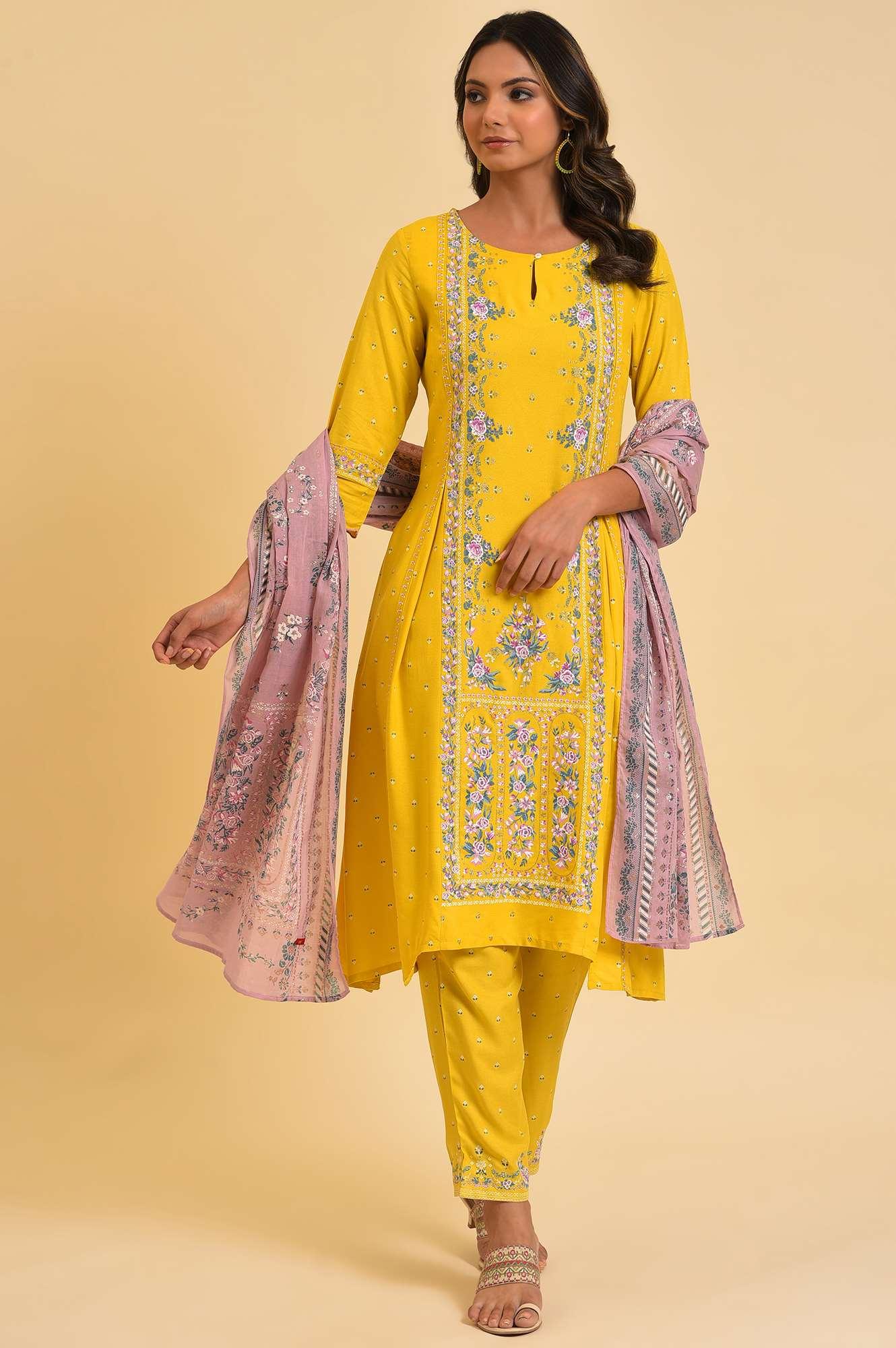 Yellow Glitter Printed Festive kurta, Pants & Dupatta Set