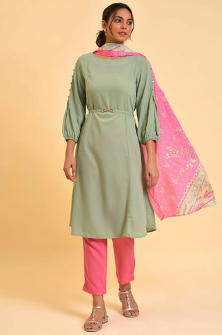 Green A-Line kurta, Slim Pants & Dupatta Set