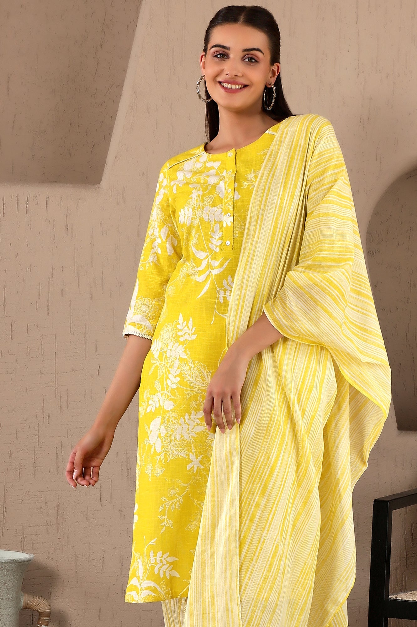 Yellow Floral Printed With Lace Pure Cotton Straight Kurta and Pants Set with Stripe Printed Dupatta