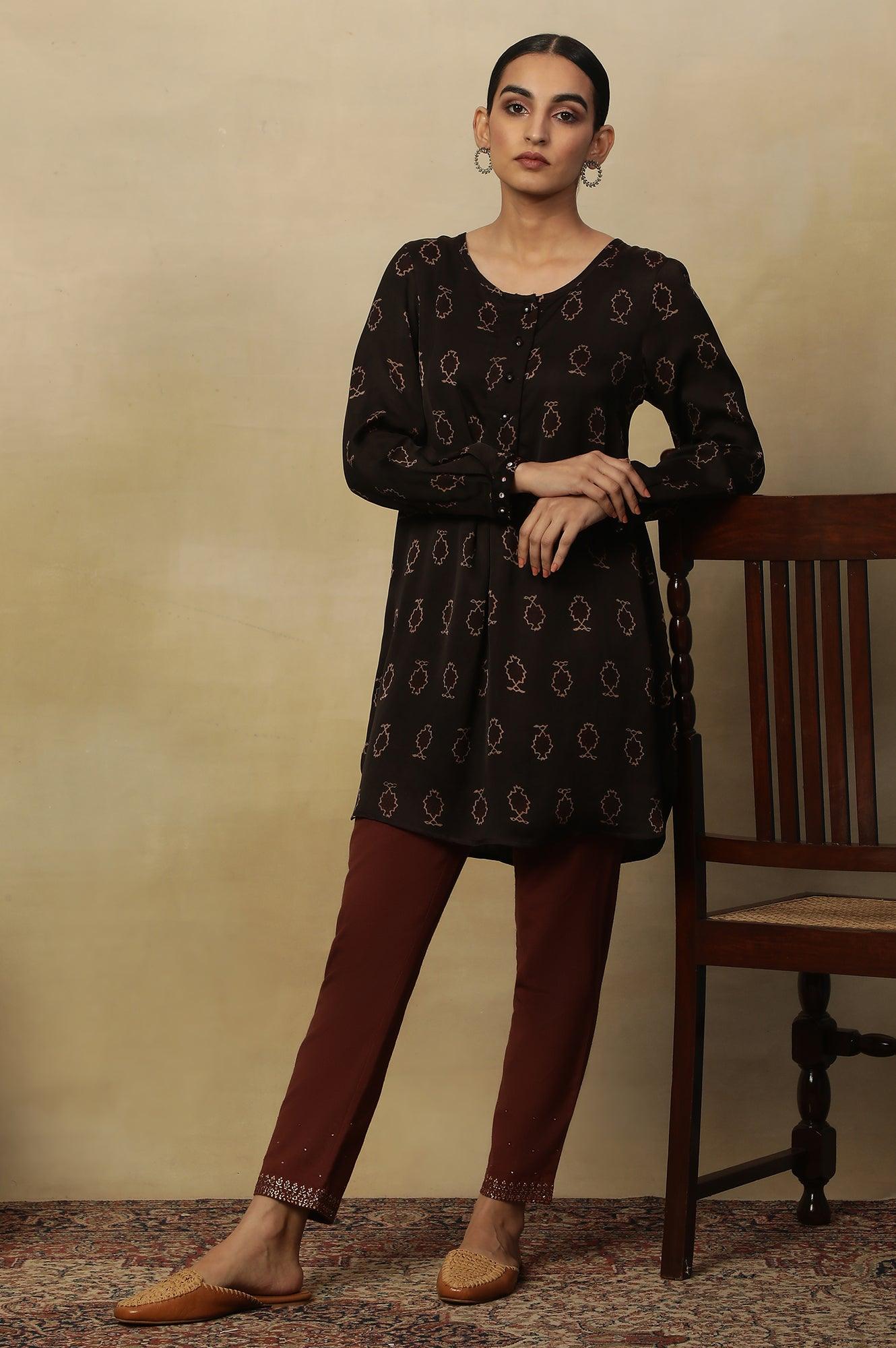 Black Ajrakh Print Long Top In Fluid Satin