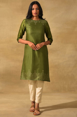 Olive Green Printed Straight kurta In Lustrous Satin