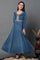 Blue Embroidered Velvet Winter Dress