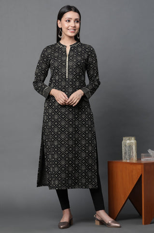 Black Jacquard Festive Winter Kurta and Tights Set