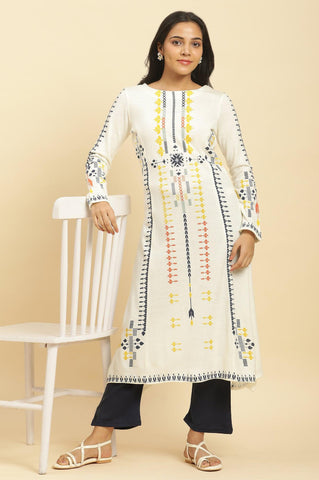 White A-Line Kurta In Multicoloured Print And Tights Set