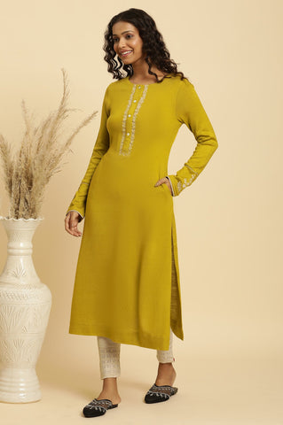 Sulphur Green Embroidered Winter Kurta And Tights Set