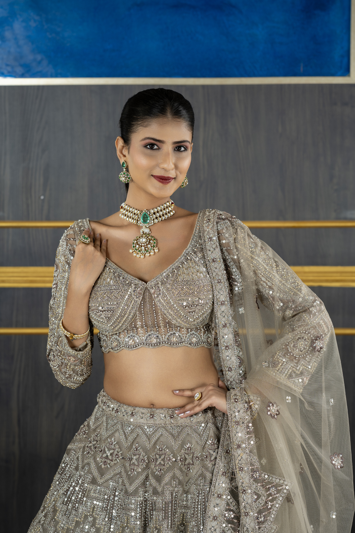 Net lehenga with Heavy Jarkan on Lehenga and Blouse with Heavy 4 Sided Duppata and Full Hands