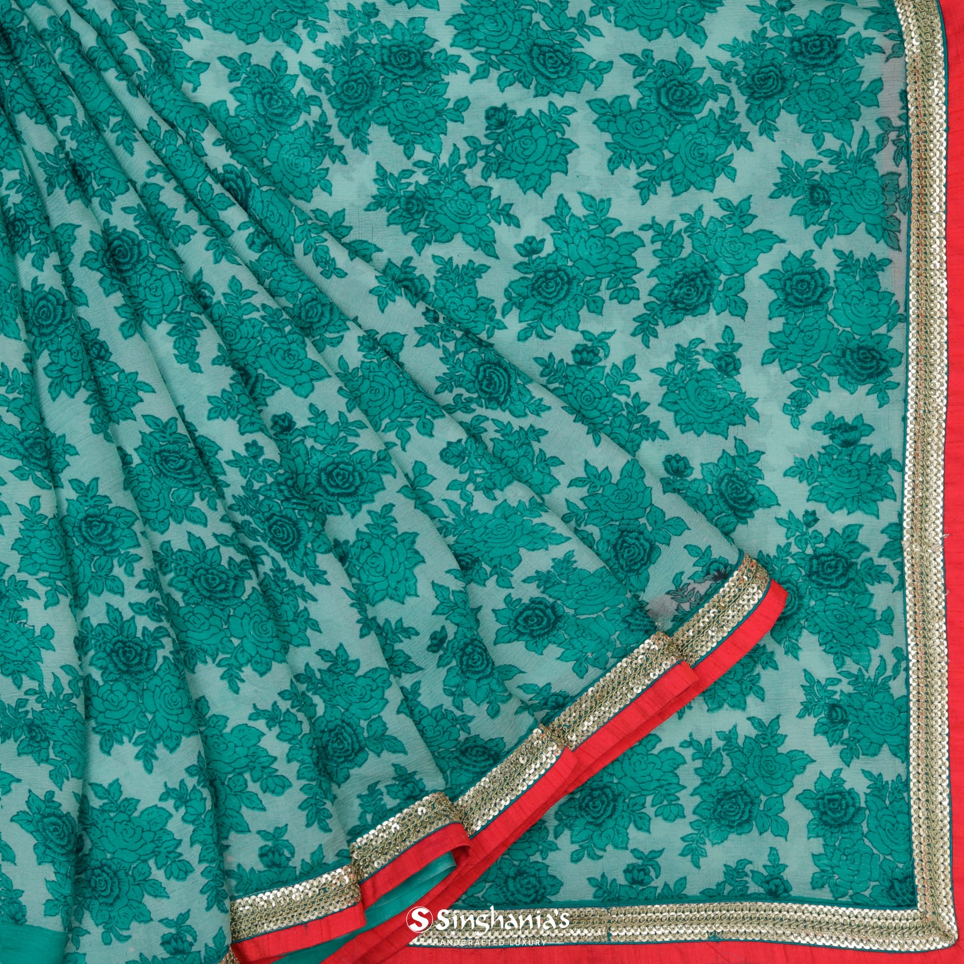 Turquoise Green Chiffon Printed Saree With Floral Motif Pattern