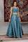 Blue Printed Zari Embroidered Crop Top, Brocade Flared Skirt and Dupatta Set
