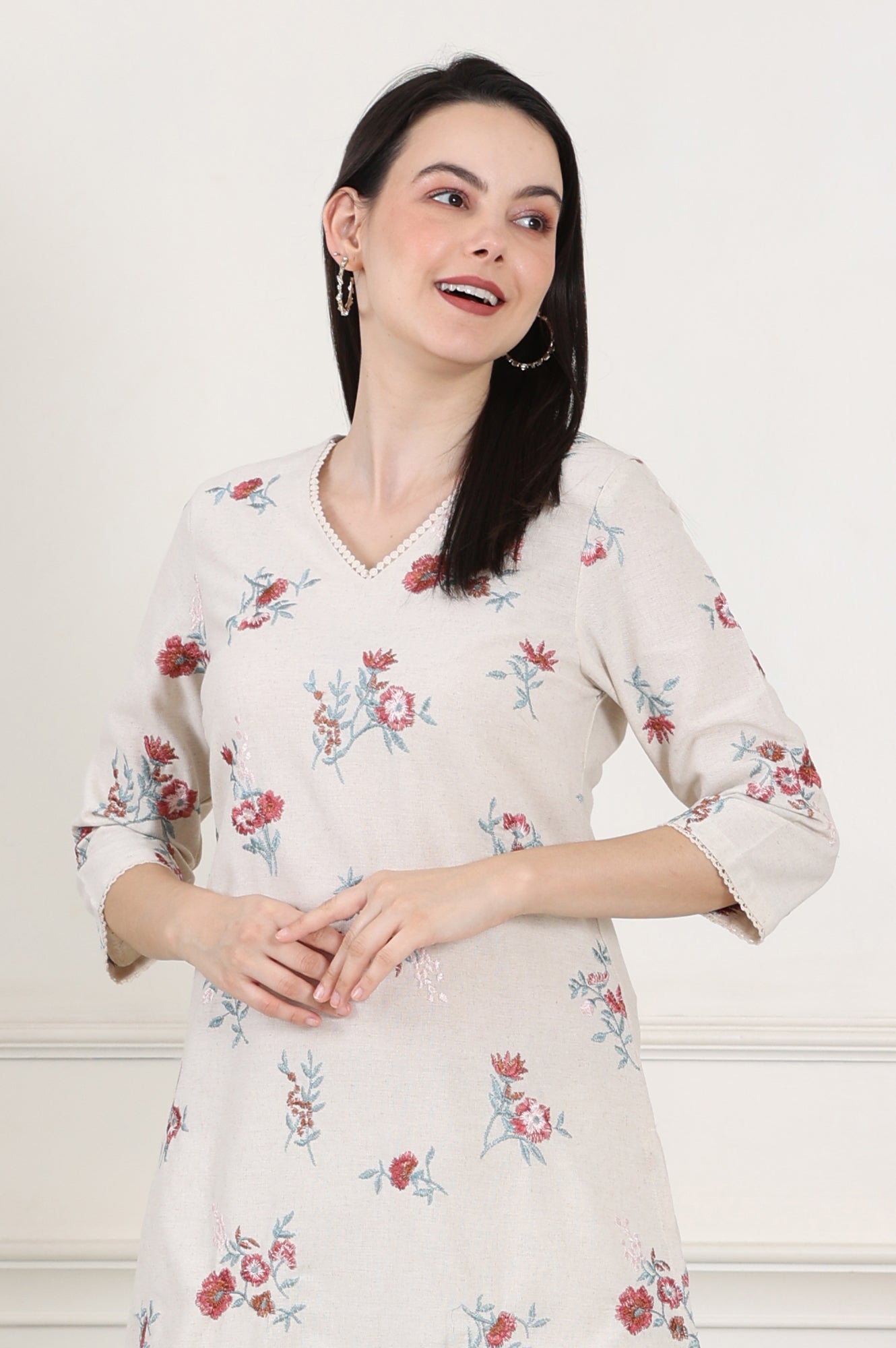 Beige Linen Straight Kurta With Multi-Coloured Thread Work