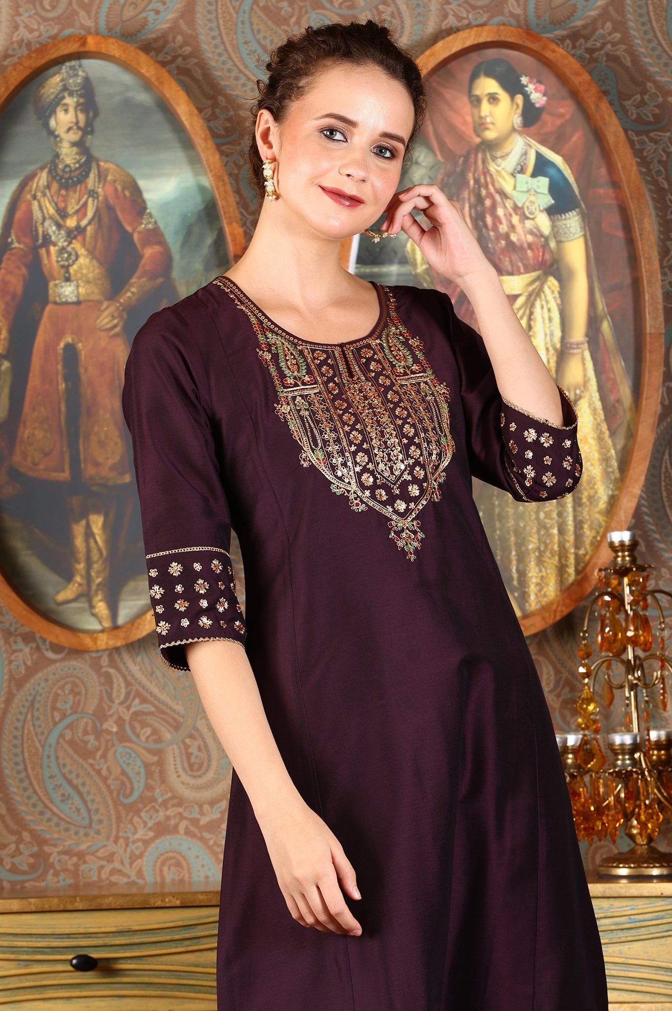 Wine Embroidered A-Line Silk Blend Kurta with Straight Pant and Dupatta Set