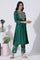 Emerald Green Panelled Embroidered Kurta, Pants And Printed Chanderi Dupatta