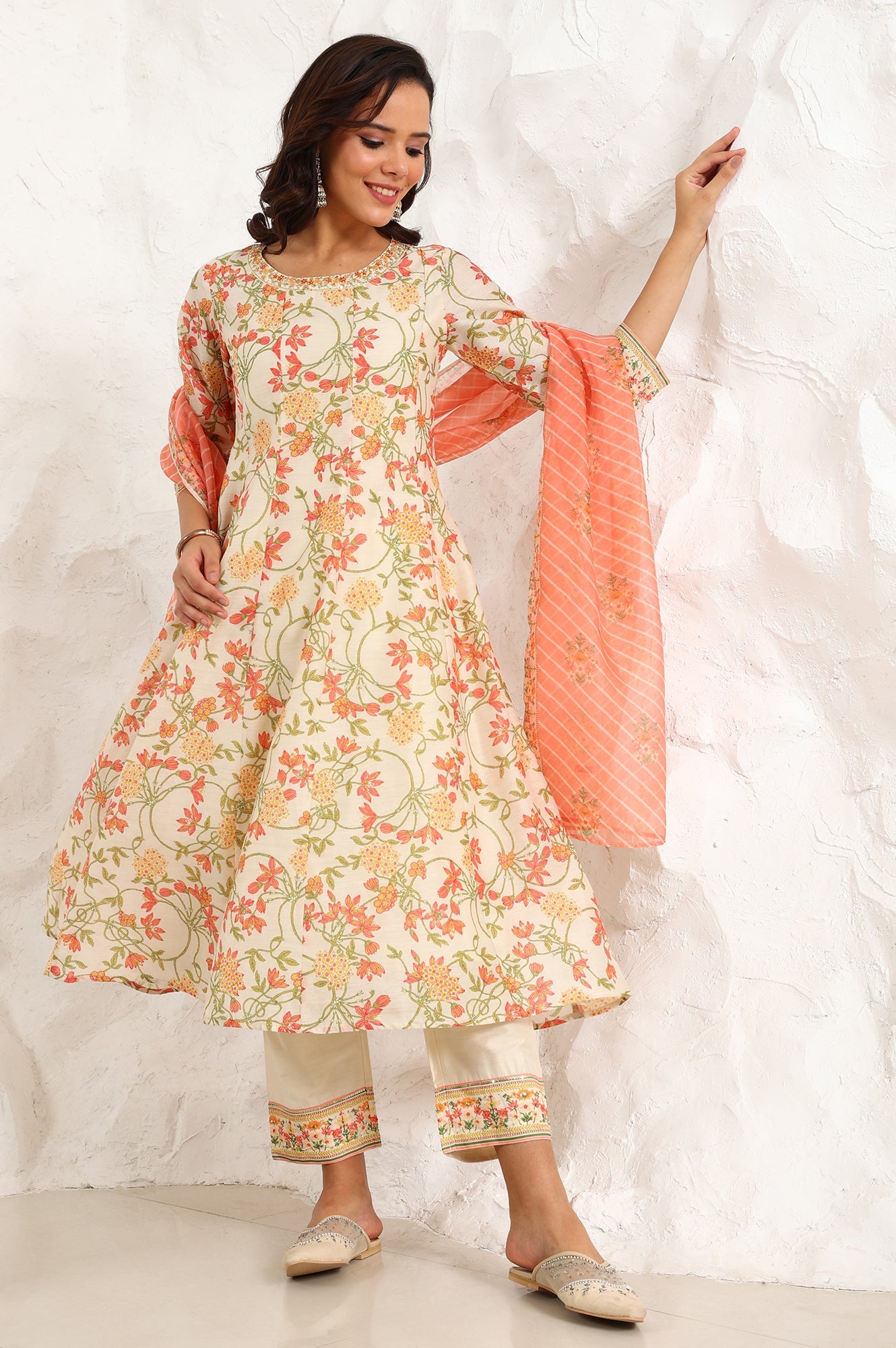 White Floral Printed Thread Embroidered Neck Chiffon Flared Kurta, Straight Pants And Dupatta Set