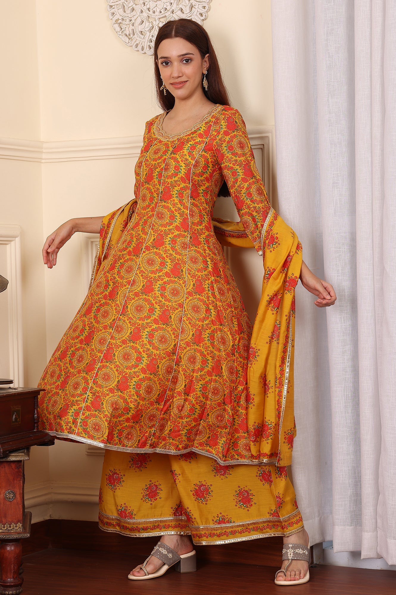 Mustard Yellow Floral Printed Chanderi Anarkali Kurta With Embroidery, Flared Pants And Dupatta Set