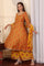 Mustard Yellow Floral Printed Chanderi Anarkali Kurta With Embroidery, Flared Pants And Dupatta Set