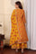 Mustard Yellow Floral Printed Chanderi Anarkali Kurta With Embroidery, Flared Pants And Dupatta Set