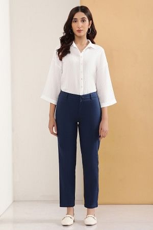 Blue Solid Straight Fit Cotton Pants With Pintuck Detail
