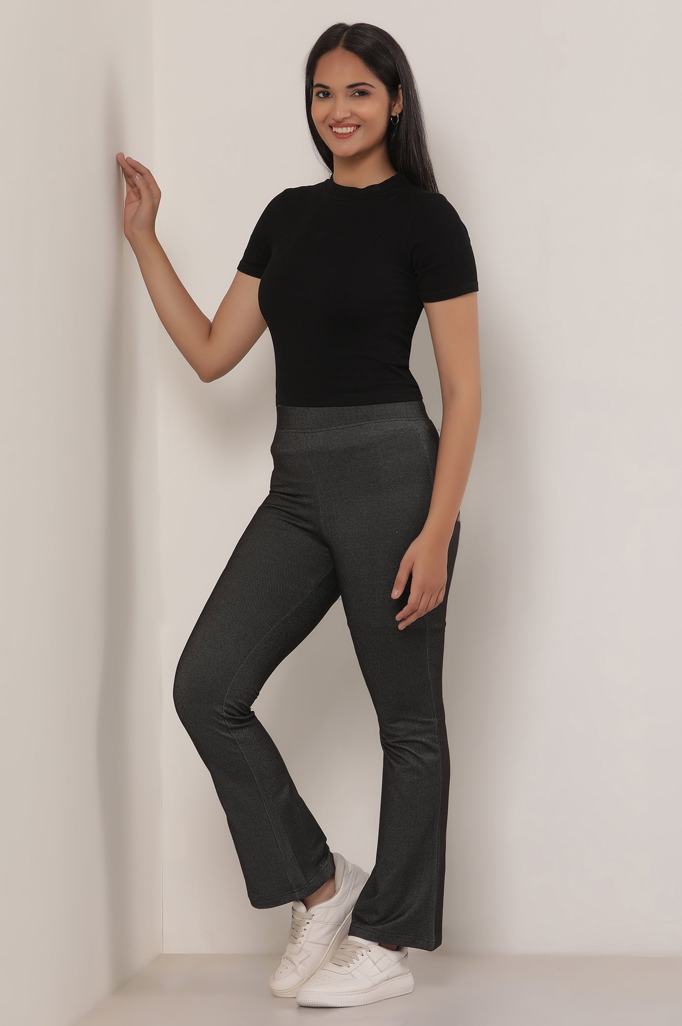 Black Solid Flared Cotton Pants