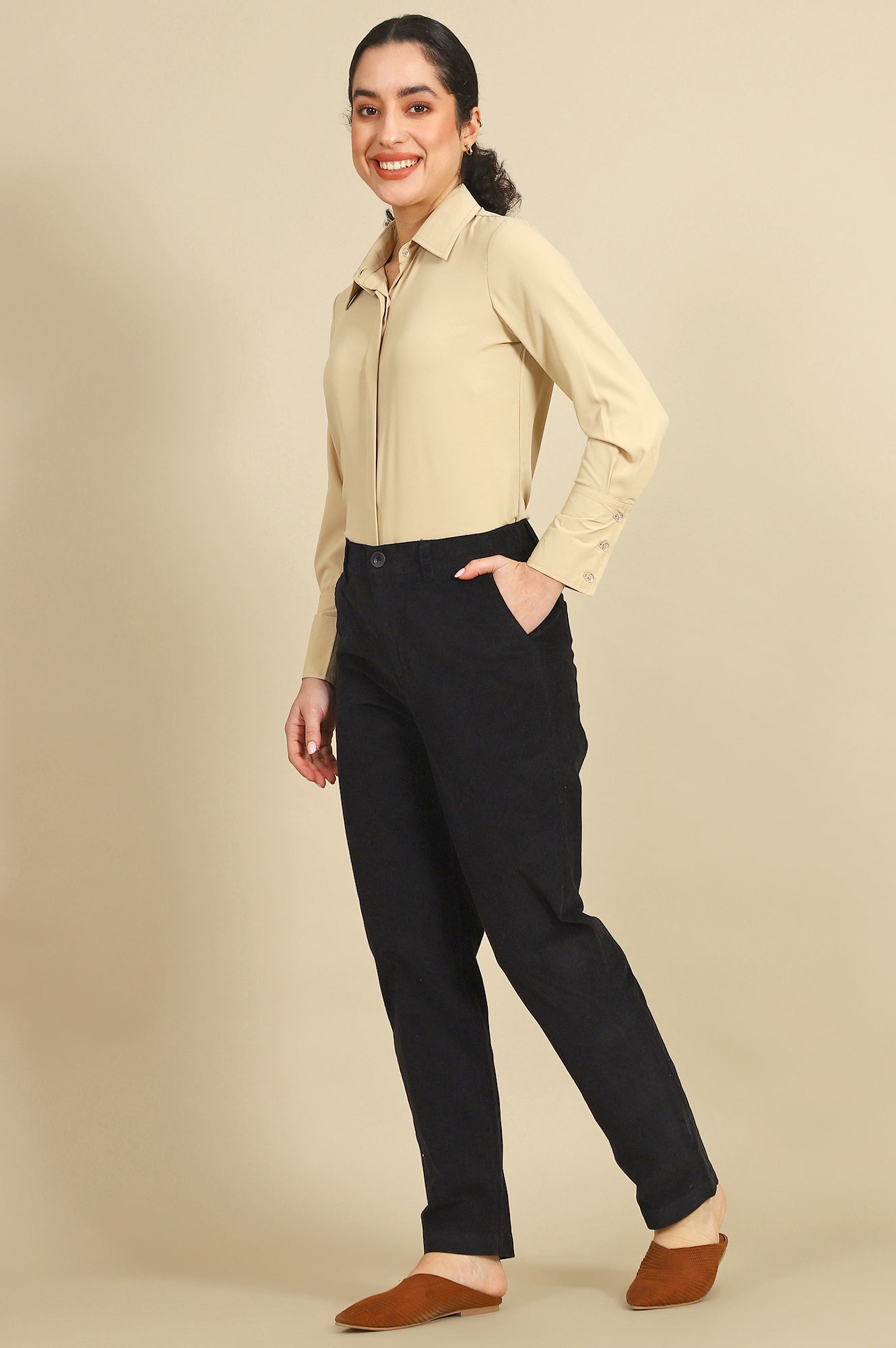 Navy Blue Solid Straight-fit Cotton Pants with YKK Zipper