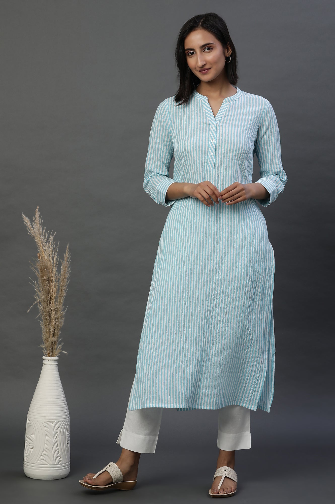 Blue and White Stripe Casual Kurta