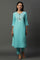 Blue Solid Mirror Embroidered Straight Woven Kurta