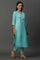 Blue Solid Mirror Embroidered Straight Woven Kurta