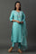 Blue Solid Mirror Embroidered Straight Woven Kurta