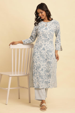 Blue Checker And Floral Printed Kurta