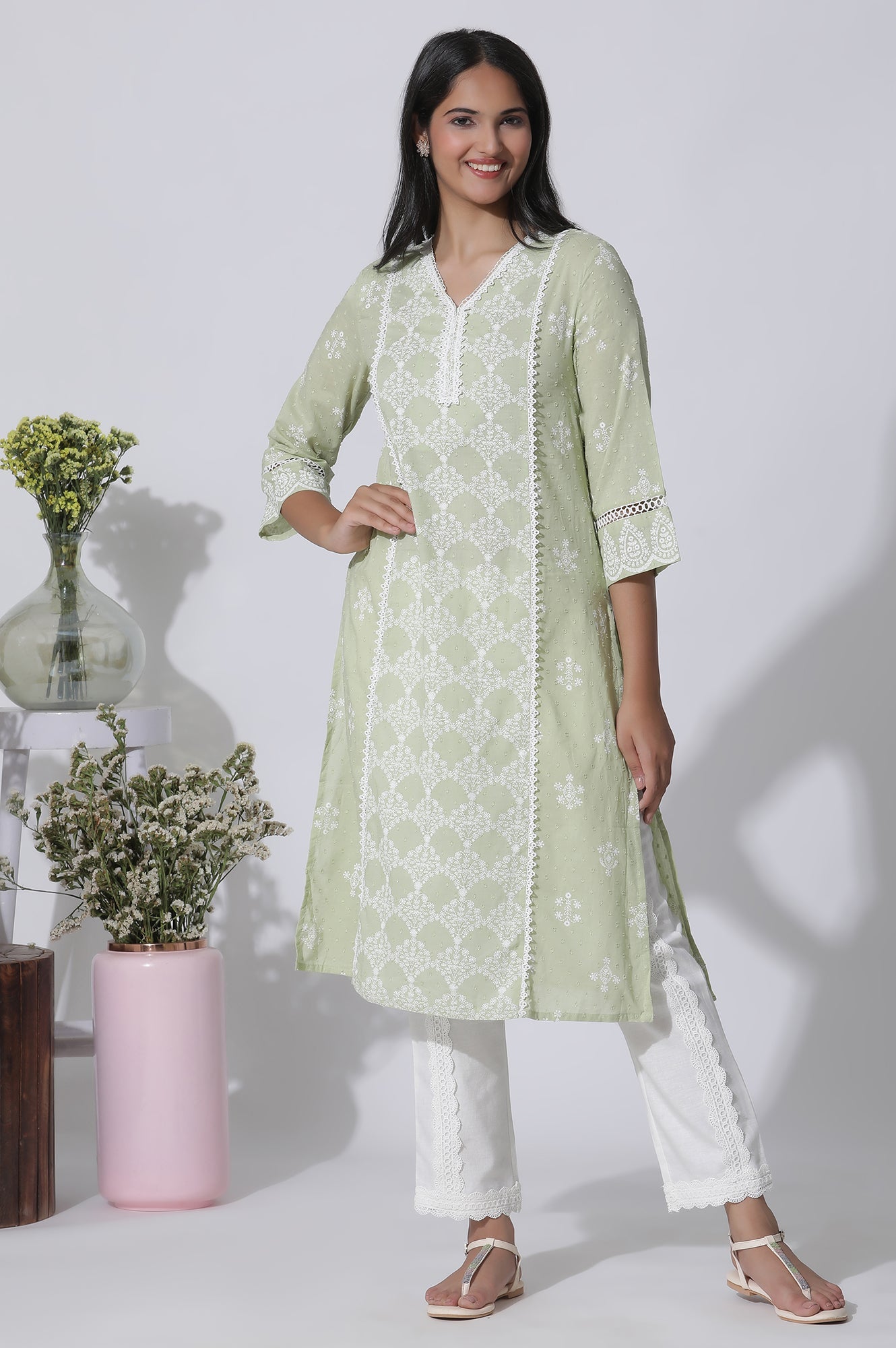 Light Green Cotton Printed Kurta With Lace