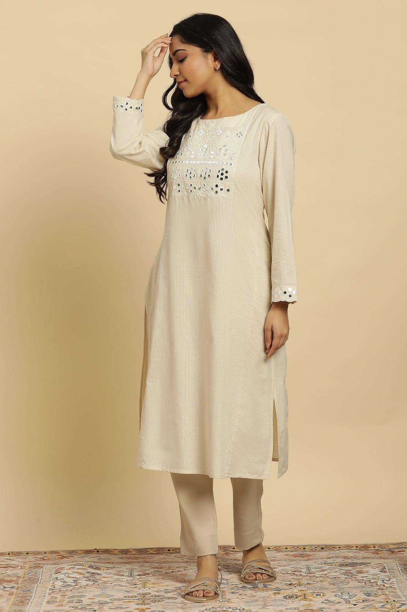 Off-White Cotton Kurta With Mirror Work