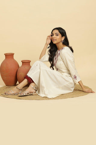 White Flared Kurta With Mirror Work And Embroidery