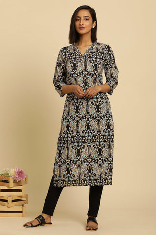 Black Paisley Printed Cotton Kurta