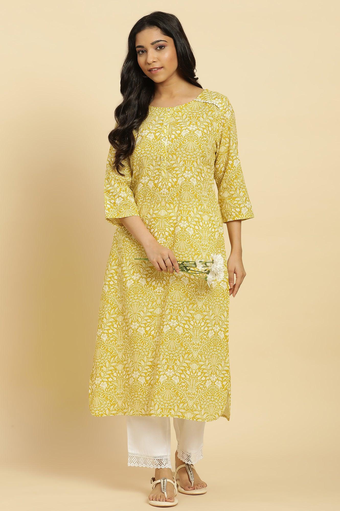 Yellow Floral Printed Cotton Kurta