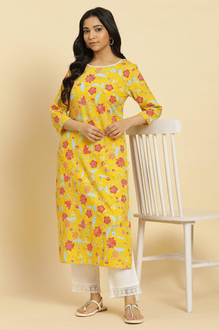 Yellow Straight Kurta With Multi-Coloured Floral Print