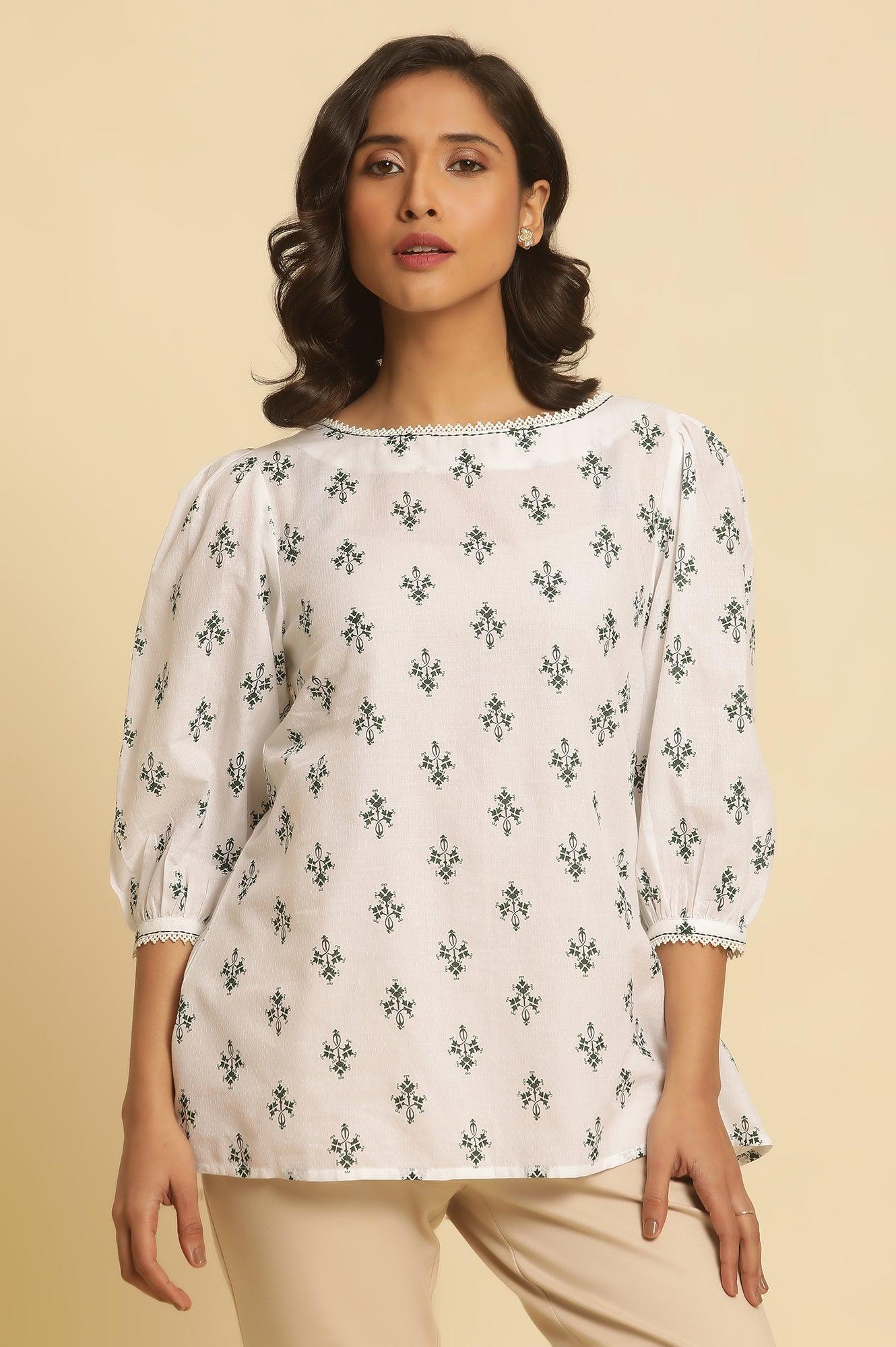 White Printed Top Wit Lace And Puffed Sleeves