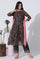 Dark Brown Panelled Printed Kota Kurta, Pants And Dupatta Set