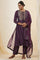 Purple Jacquard Yoke Flared Kurta With Neck Tie-Up