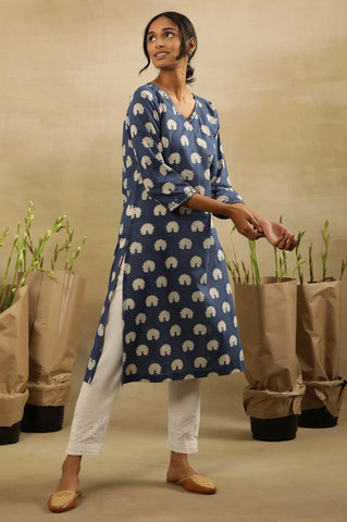 Dark Blue Dabu Block Printed V-Neck Kurta