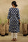 Dark Blue Dabu Block Printed V-Neck Kurta