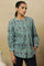 Aqua Blue Block Print Top With Gathered Sleeves