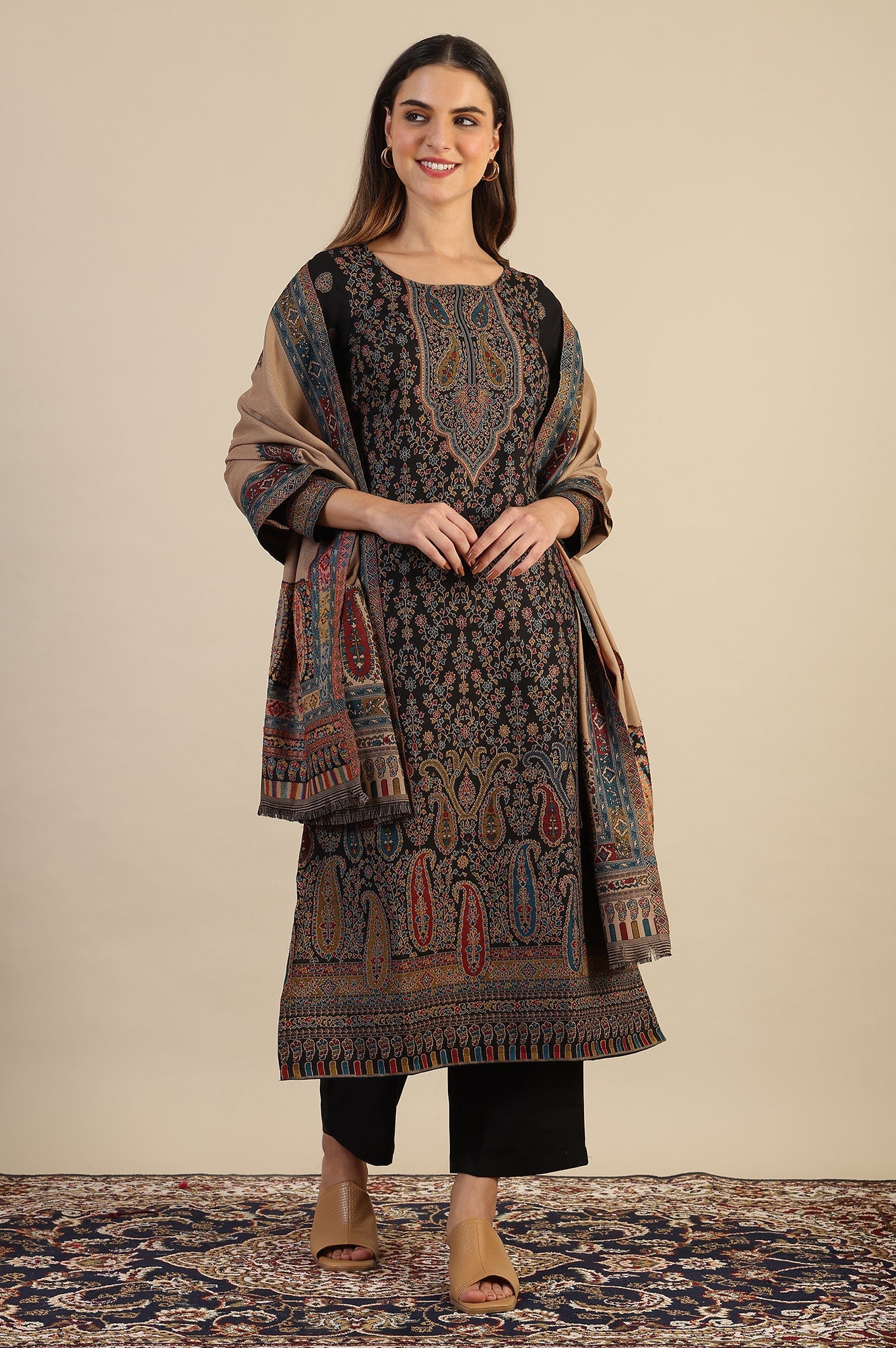 Black Yarn Dyed Straight Kurta & Straight pant with Shawl Set