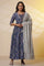 Blue Floral Printed Embellished Flared Kurta, Tights and Dupatta Set