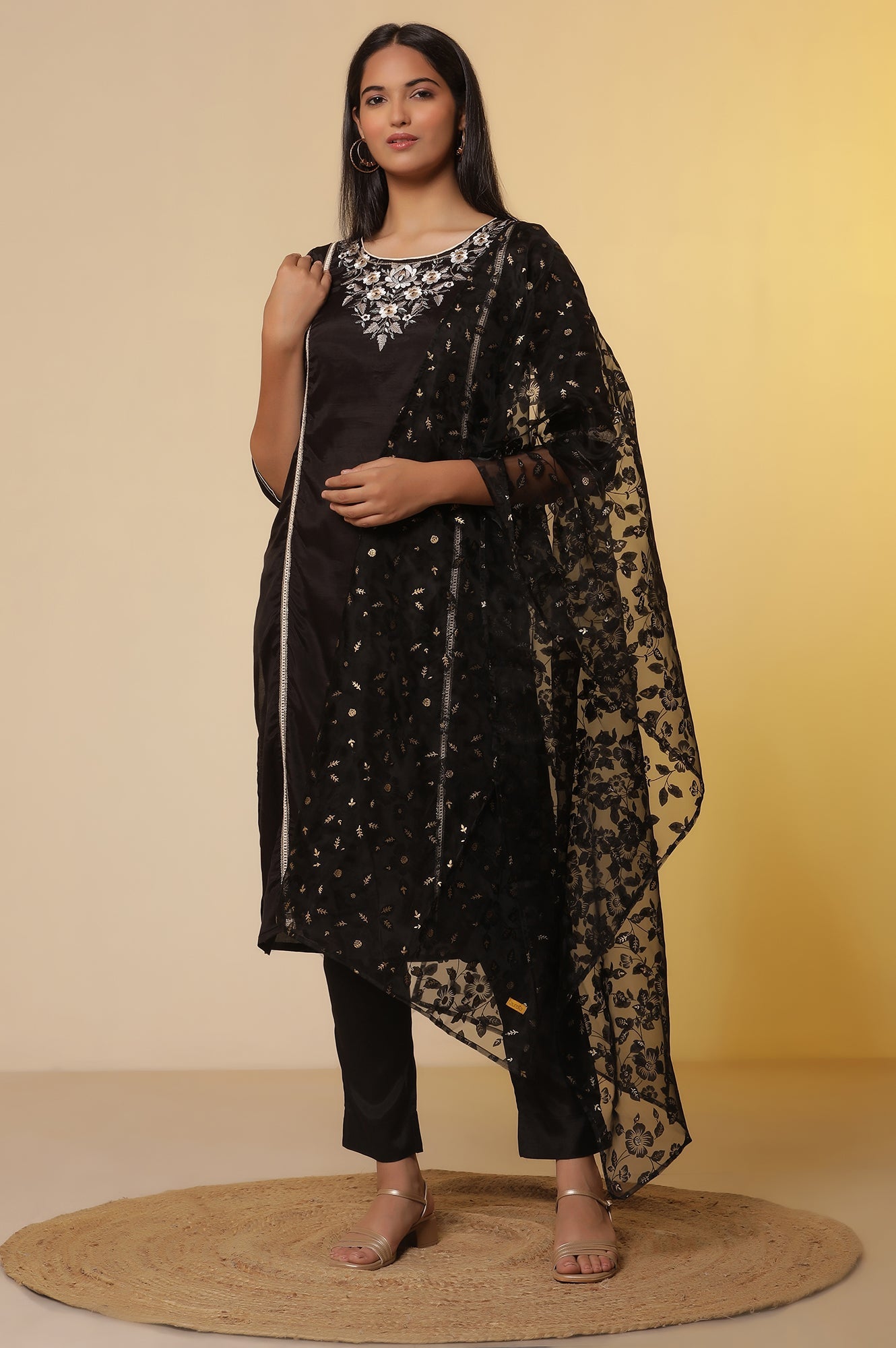 Black Shantung Embroidered Straight Kurta, Pants with Dupatta Set