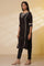 Black Shantung Embroidered Straight Kurta, Pants with Dupatta Set