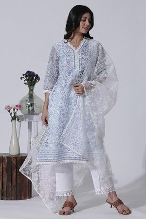 White & Blue Floral Printed Kota Kurta, Pants And Brasso Dupatta