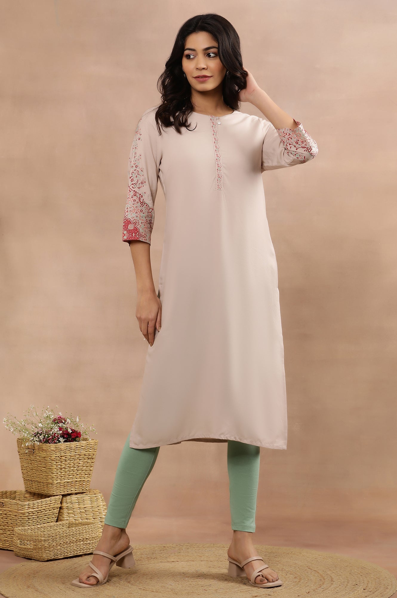 Pink Printed Straight Kurta And Tigths Set