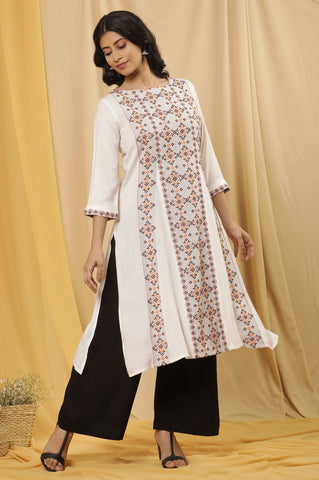 White Printed Kurta And Flared Pants Set