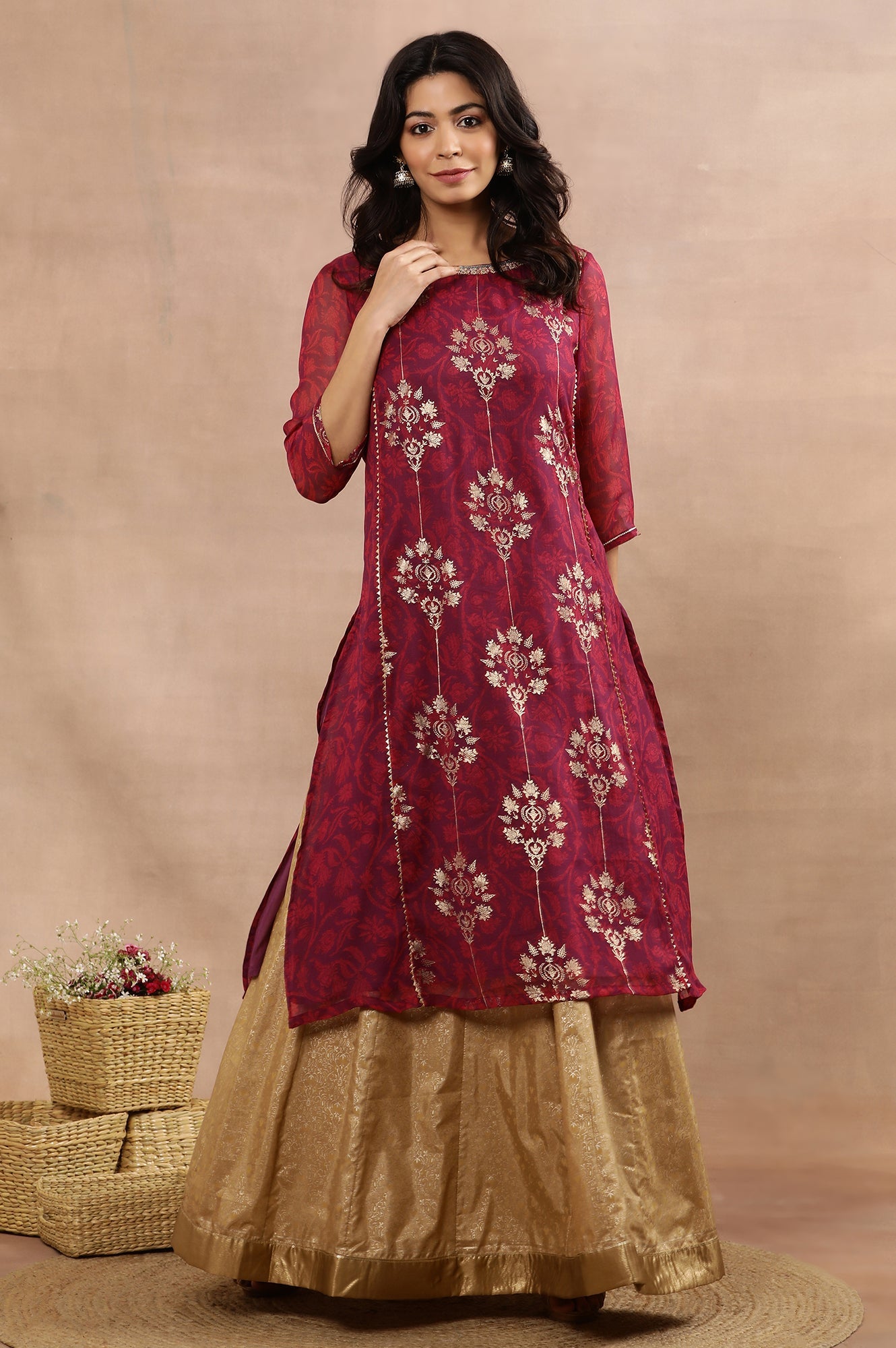 Purple Zari Embroidered Kurta And Skirt Set