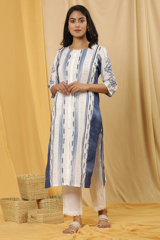 White Kantha Printed Kurta And Lace Straight Pants