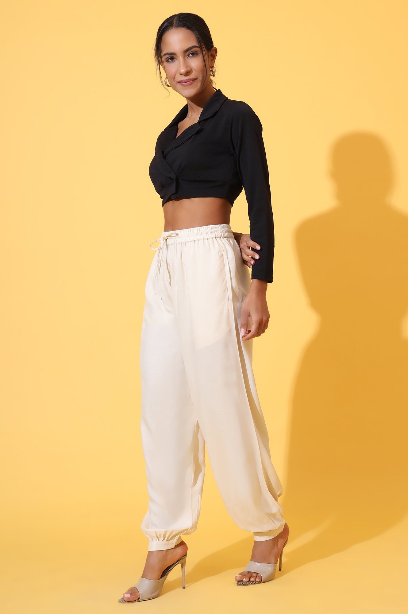 Beige Solid Ankle Length Rayon Harem Pants