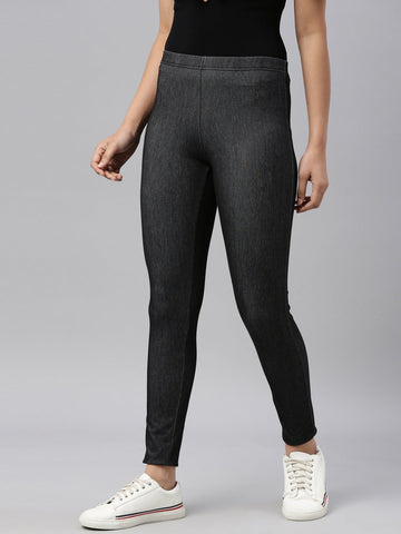 Women Solid Black Denim Legging